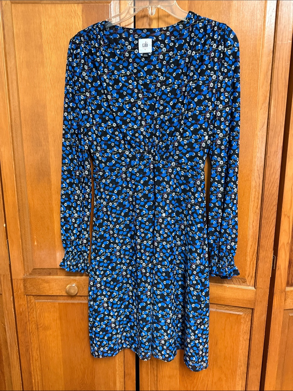 CAbi Blue Floral Long Sleeve Midi Dress